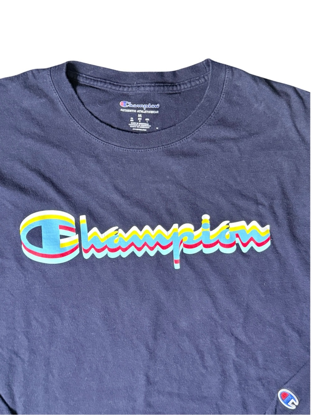 Champion Navy Retro Multicolor Logo Long Sleeve T-Shirt Men’s Medium - Picture 4 of 9